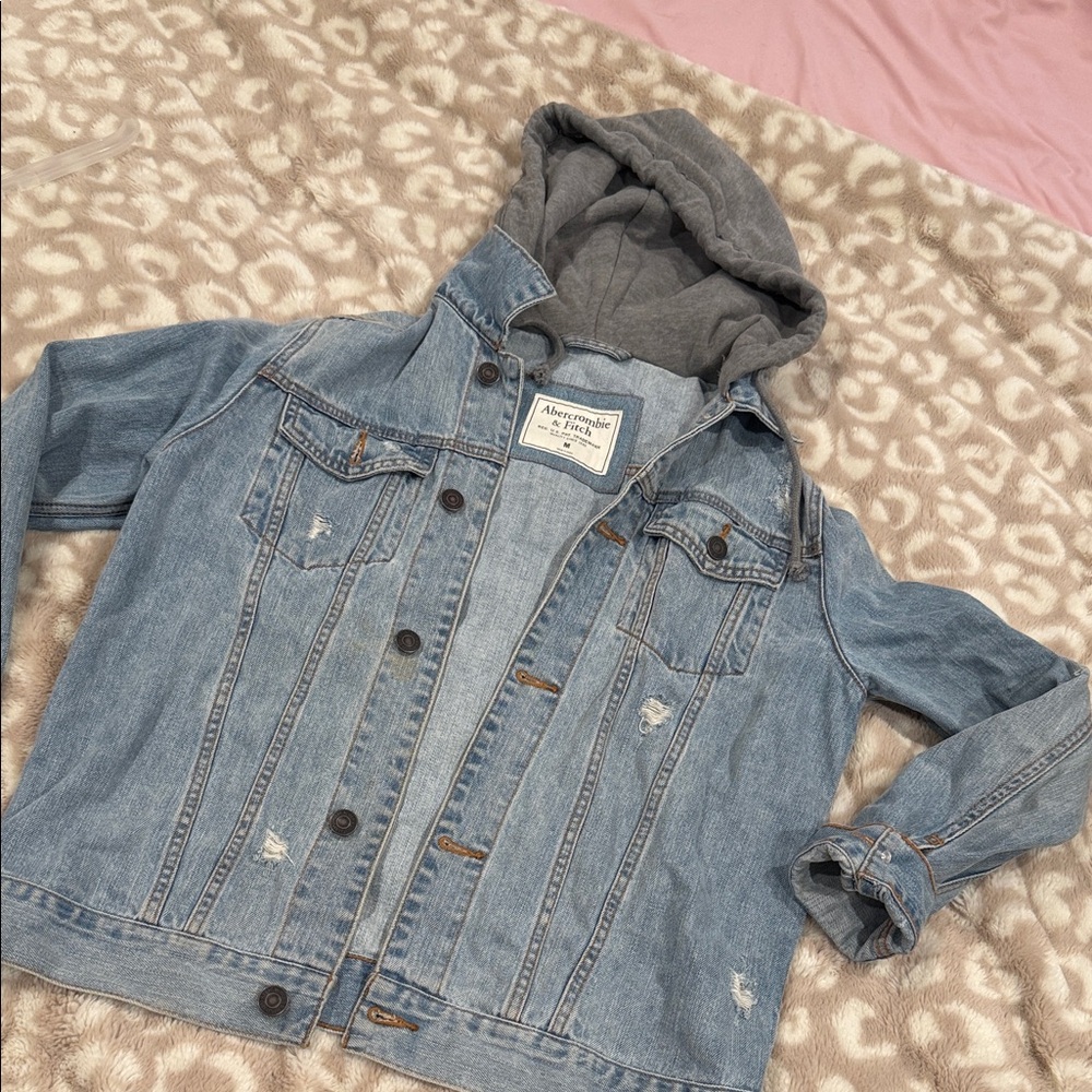 Abercrombie & Fitch Blue Denim Jacket with Gray Hood